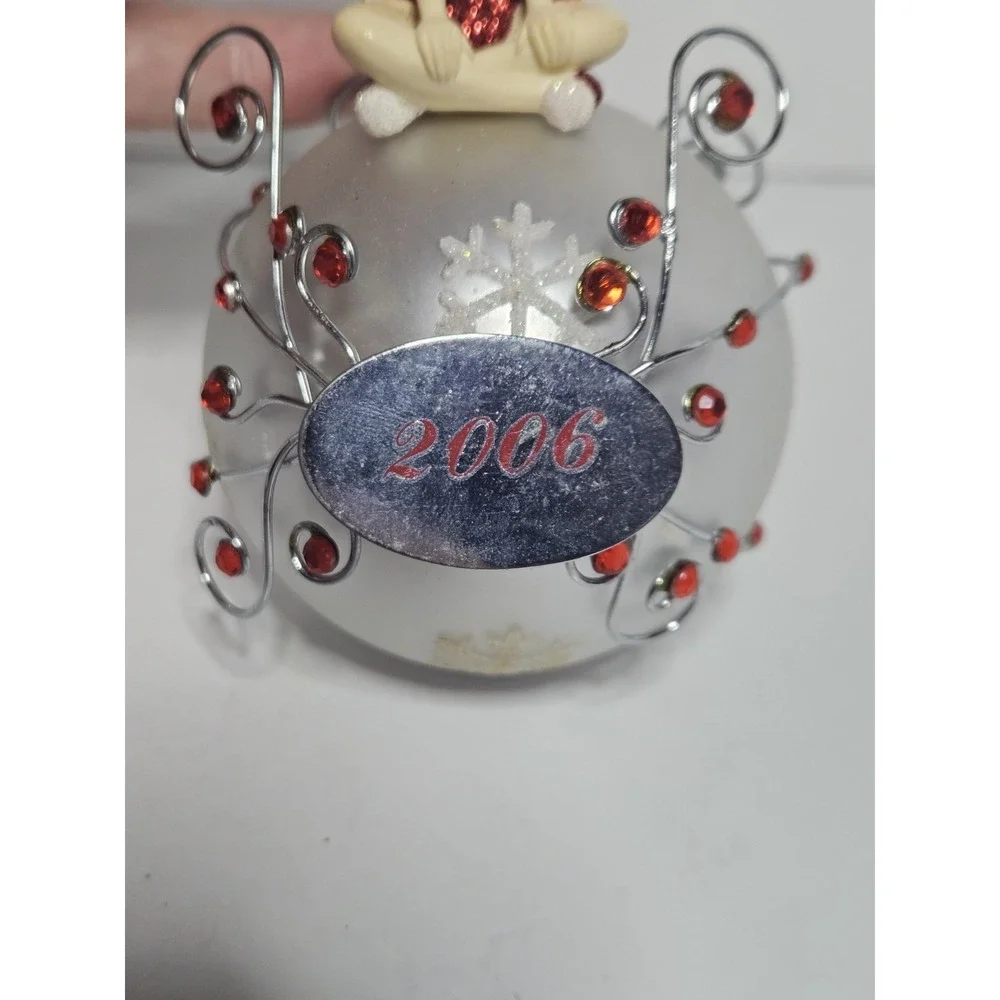Disney Tinker Bell Sitting on Silver Ball Christmas Ornament Red Glitter 2006